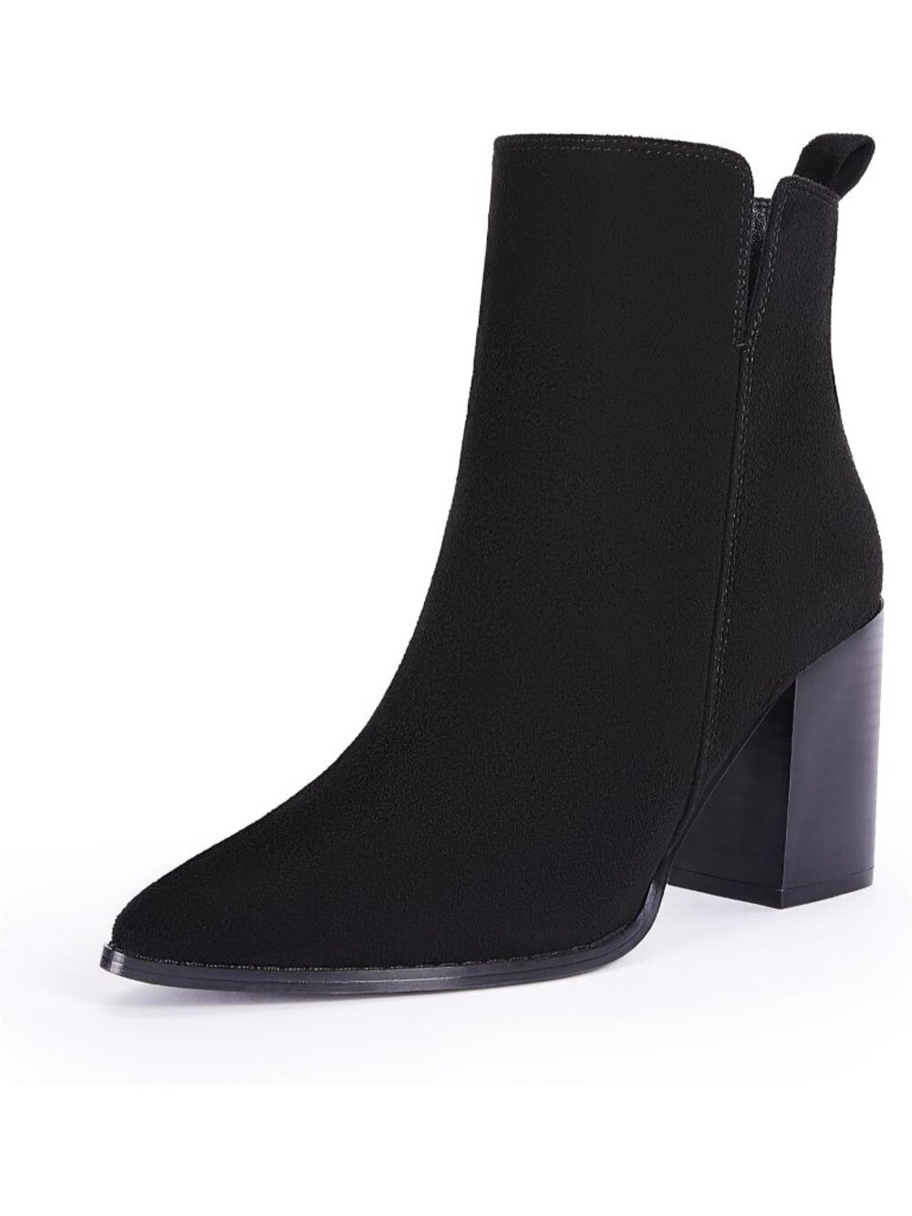 Women's Cool Black V Cutout Pointed Toe Block Chunky Heel Side Zipper Ankle Boot